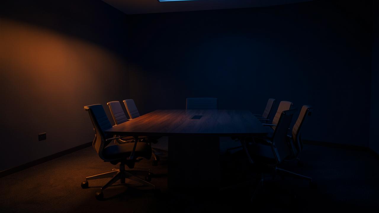 An empty meeting table with chairs, lit in deep navy with warm orange highlights