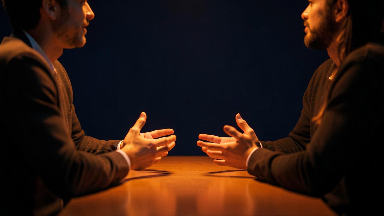 Two hands meeting in conversation across a table, warm light against a navy background