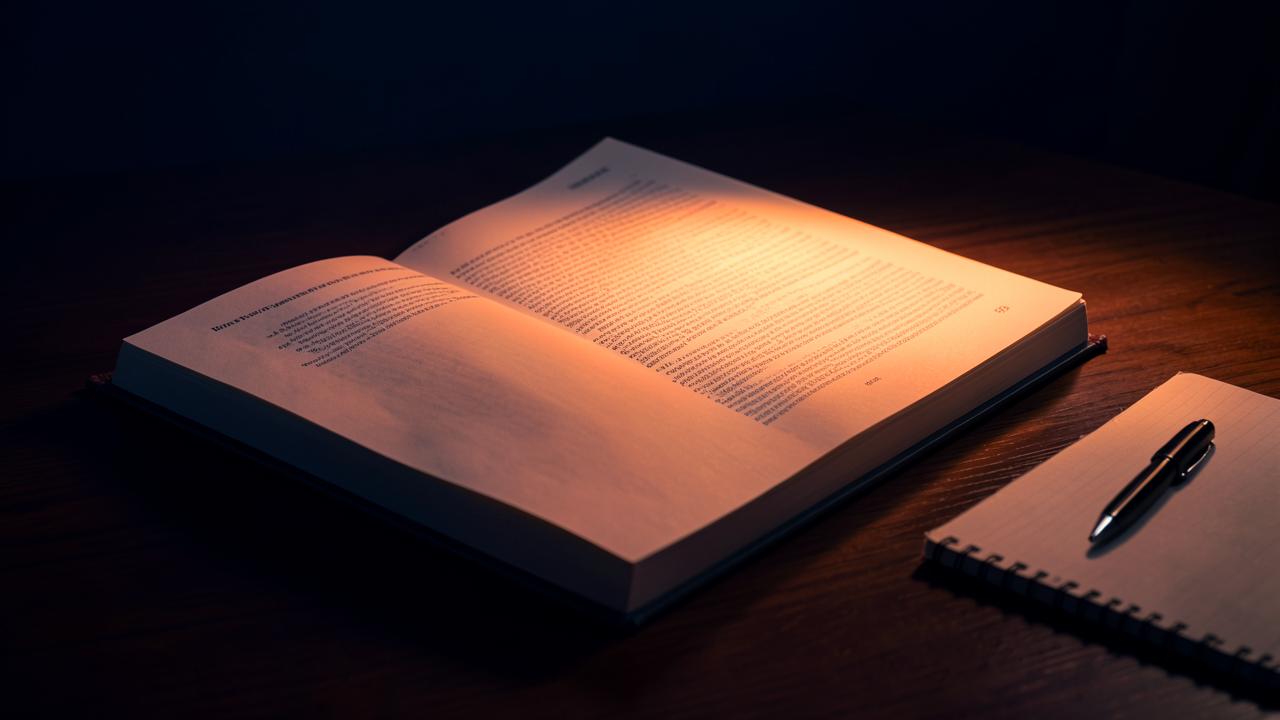 An open business book on a desk beside a notebook, lit warmly against a deep navy background