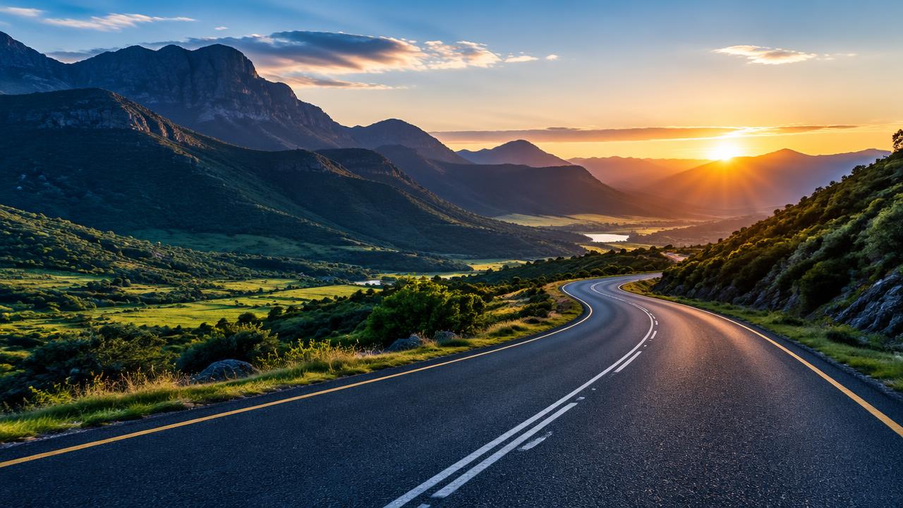 An open road winding through green South African mountains towards sunrise, reflecting the journey towards lasting change